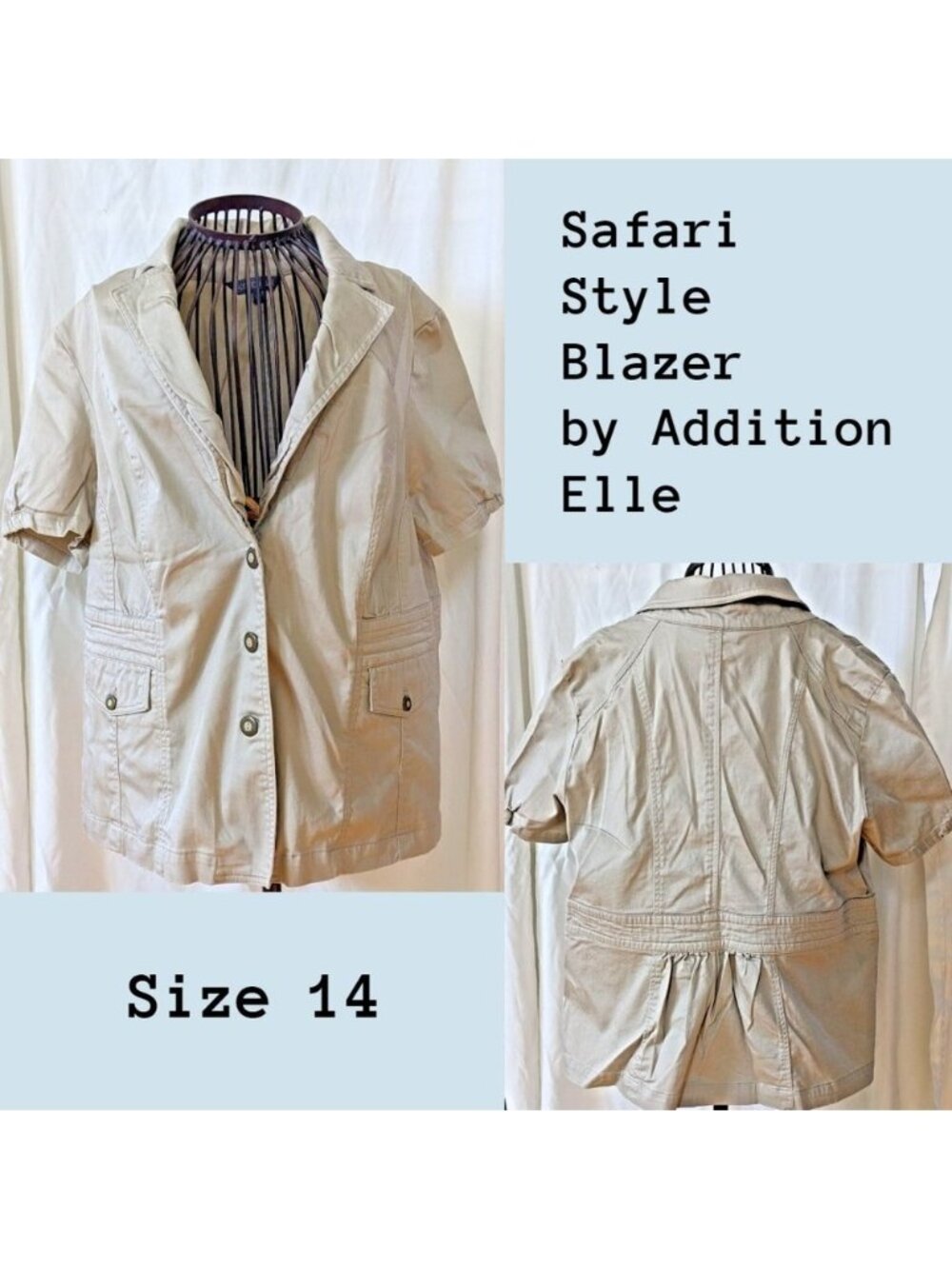 Addition Elle Sz 14 Safari Utility Blazer Jacket Short Sleeve Khaki Career Chic